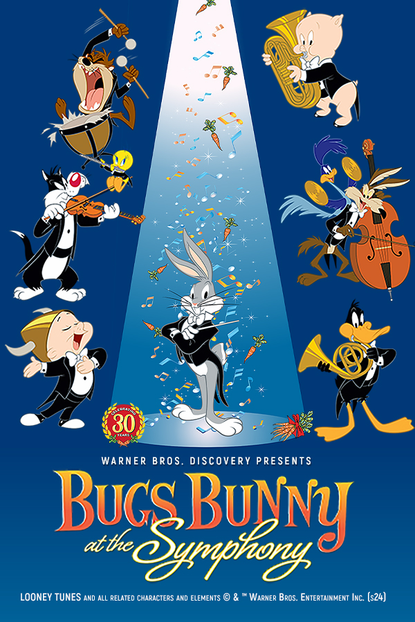 Looney Tunes Characters dressed in tuxedos playing instruments with bugs bunny in the middle as a conductor with a spot light on him.  