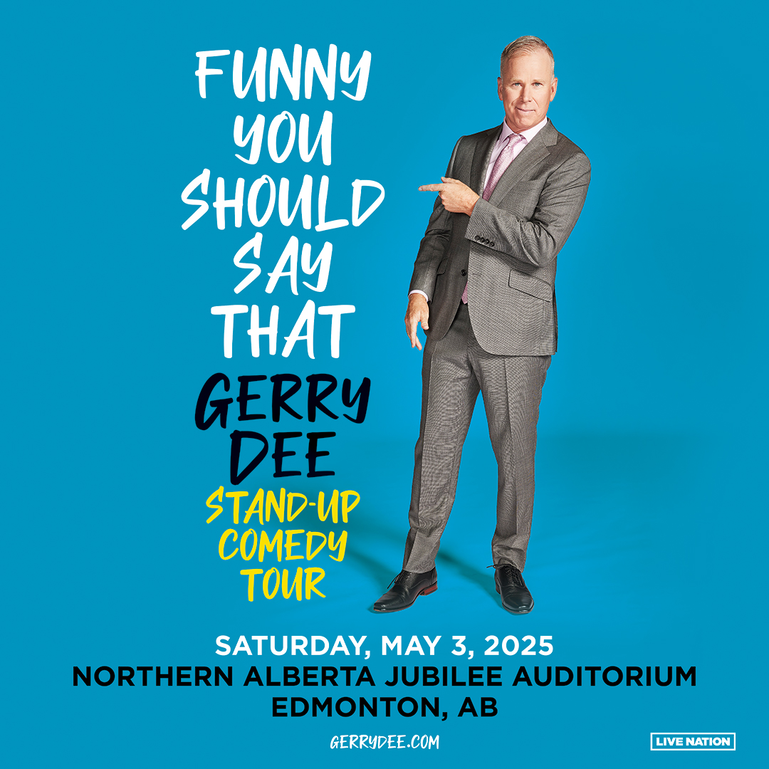 Comedian Gerry D standing in a grey suit point at text White, Black and Yellow) that reads Funny You Should Say That.