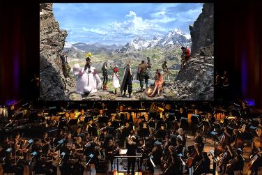 Final fantasy Characters on a screen with a large orchestra in front. 